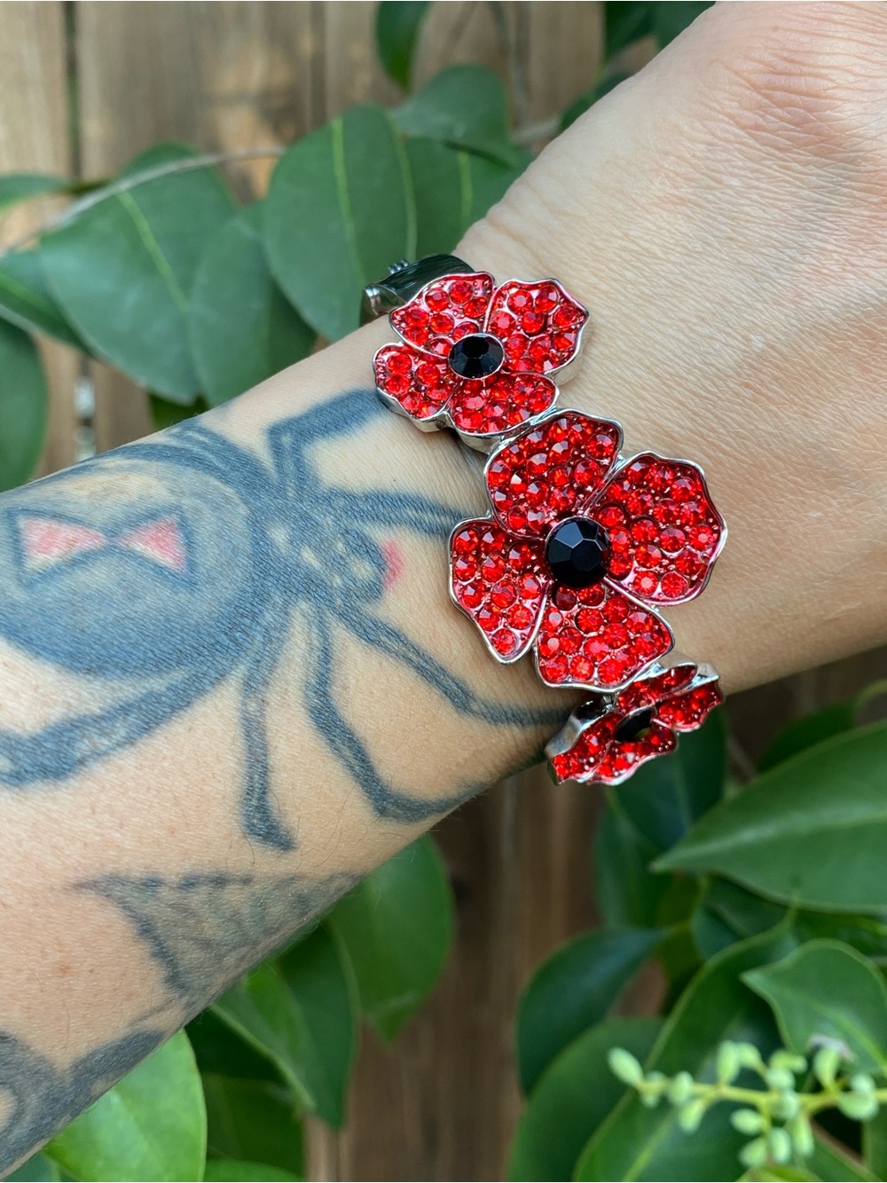 Crystal Poppy Flower Hinged Bangle | Red & Black Austrian Crystal Bracelet | NWT